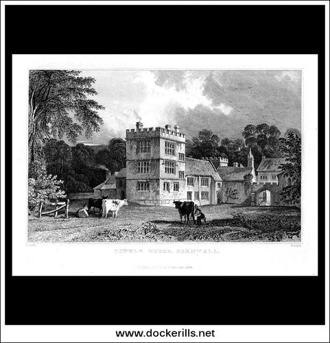 Cotele House, Cornwall, England. Antique Print, Steel Engraving c. 1830.