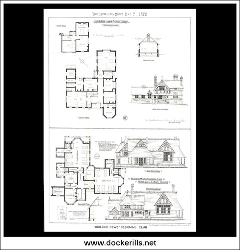 Cottage Hospital Designs - The Building News. Antique Print, Lithograph 1877.