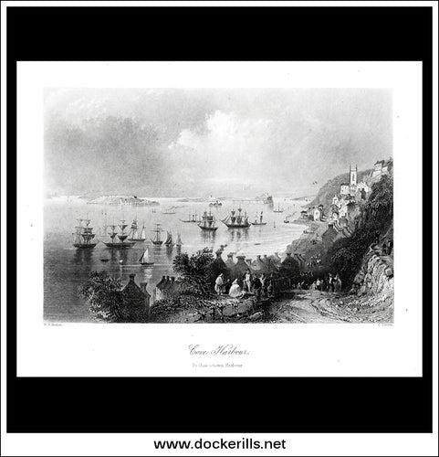 Cove Harbour, In Queenstown Harbour, Co. Cork, Ireland. Antique Print, Steel Engraving c. 1840.