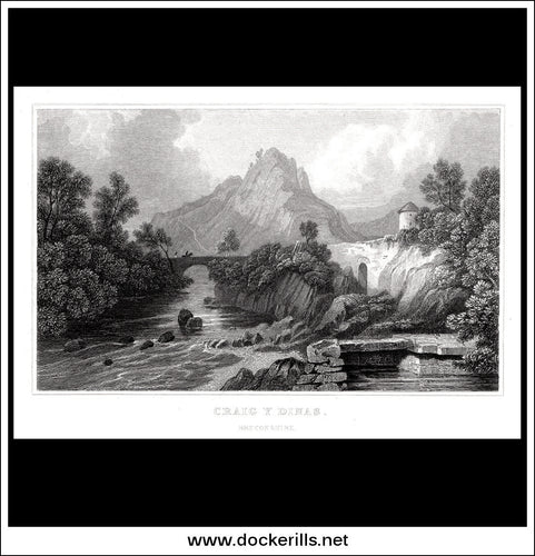 Craig Y Dinas, Breconshire, Wales. Antique Print, Steel Engraving 1835.