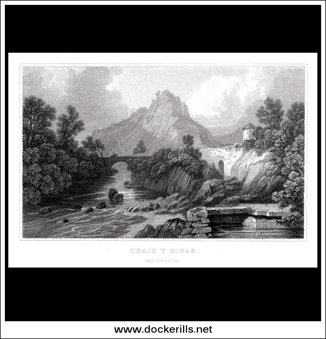 Craig Y Dinas, Breconshire, Wales. Antique Print, Steel Engraving 1835.