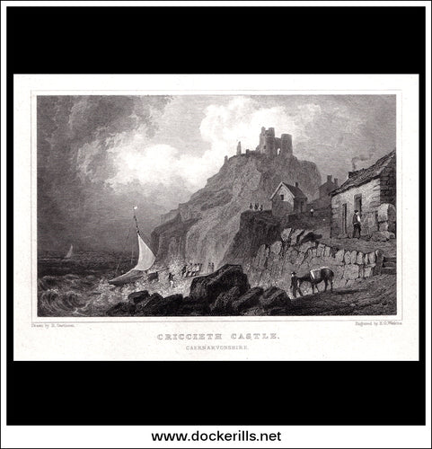 Criccieth Castle, Caernarvonshire, Wales. Antique Print, Steel Engraving 1830.