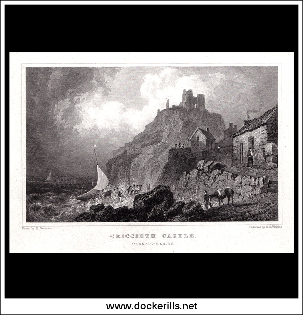 Criccieth Castle, Caernarvonshire, Wales. Antique Print, Steel Engraving 1830.