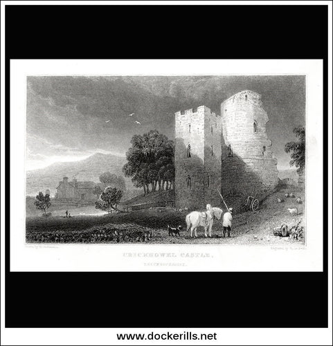 Crickhowel Castle, Breconshire, Wales. Antique Print, Steel Engraving 1831.