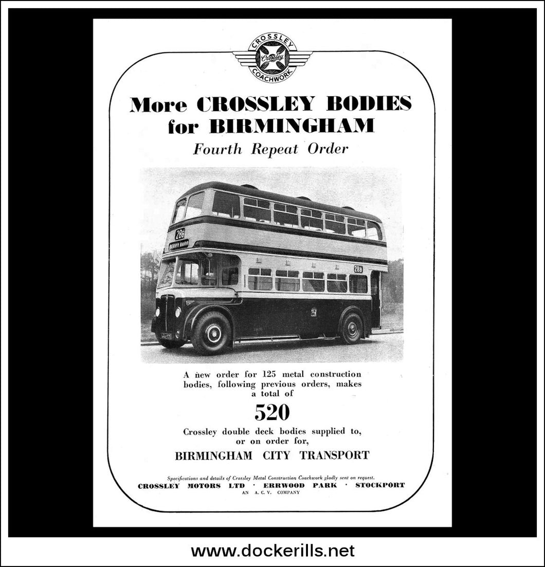 Crossley Double Decker Bus. Original Vintage Advert From January, 1952. Birmingham