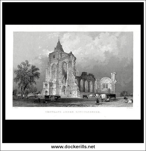 Croyland Abbey, Lincolnshire, England. Antique Print, Steel Engraving c. 1830.
