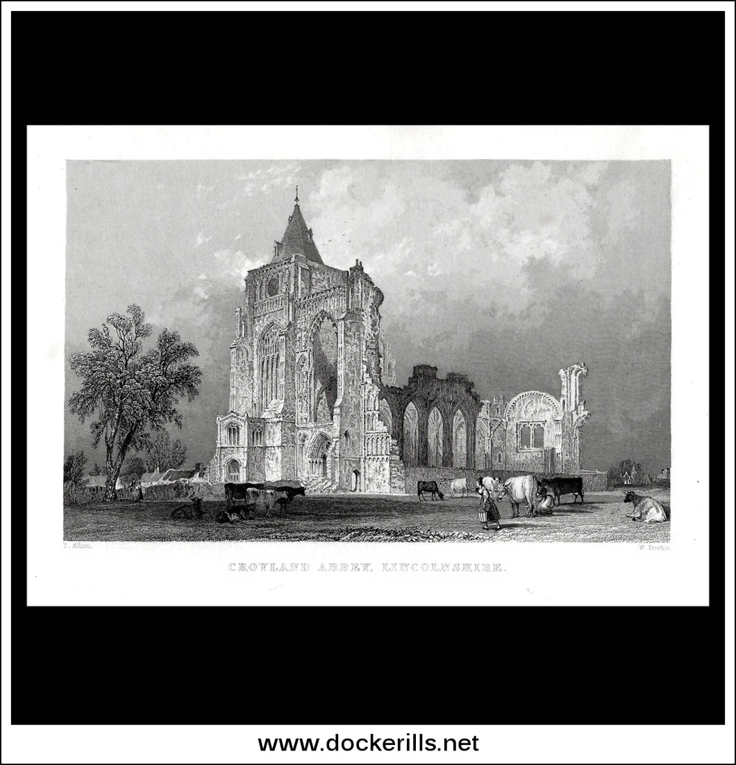Croyland Abbey, Lincolnshire, England. Antique Print, Steel Engraving c. 1830.