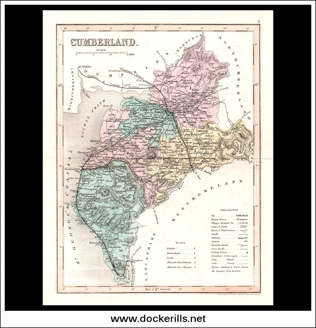 Map Of Cumberland, England. Antique Print, Steel Engraving c. 1846.