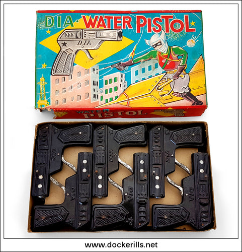 Trade Box Of DIA Water Pistols, Box Of 12, Vintage Tin Plate Novelty Toy, DIA, Japan.