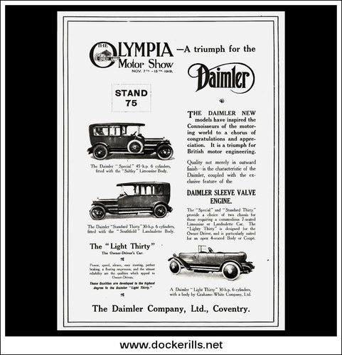 Daimler At Olympia. Daimler Range. Original Vintage Advert From November 8th, 1919.
