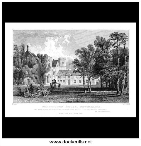 Dartington House, Devonshire, England. Antique Print, Steel Engraving 1830.