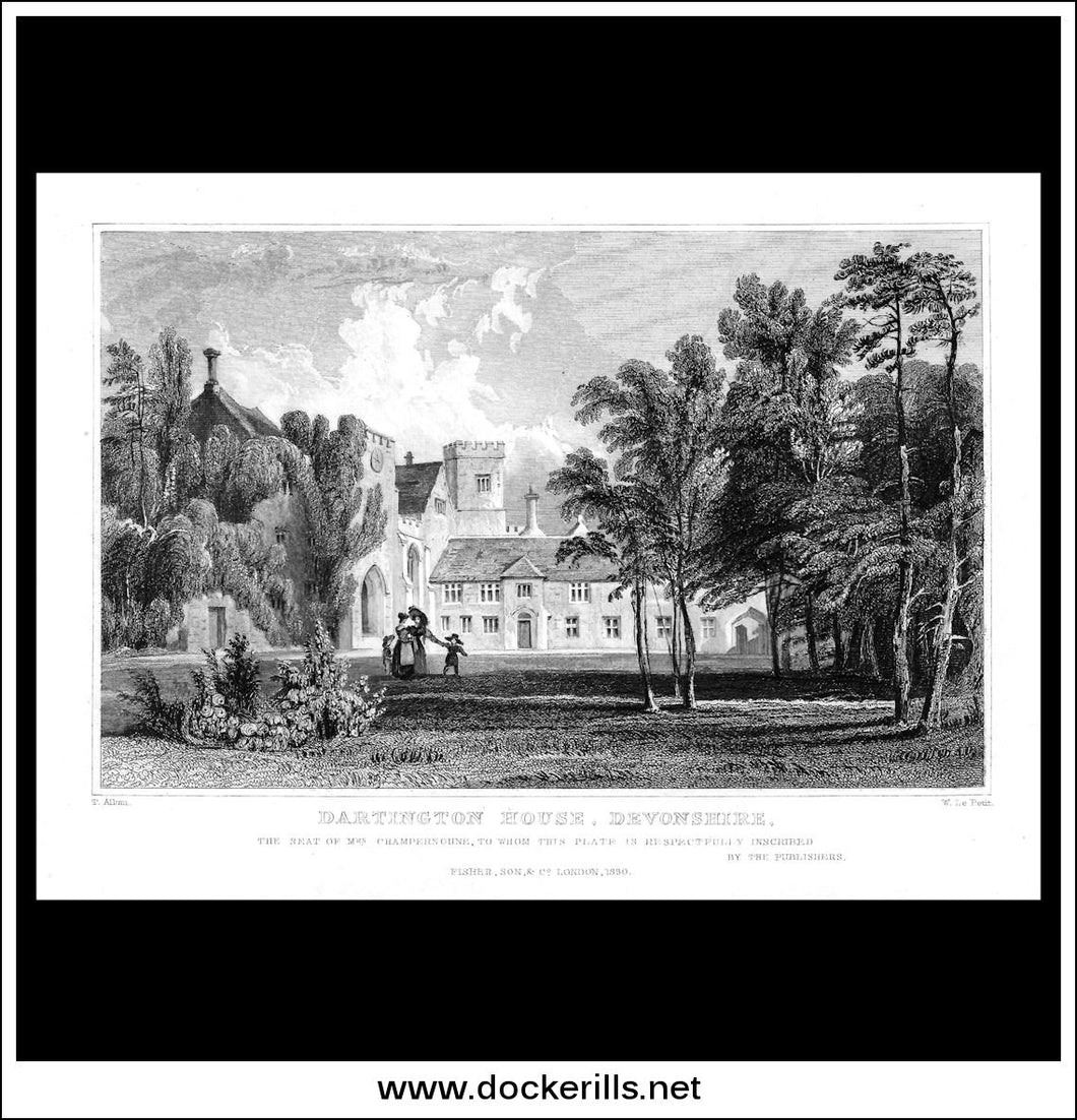 Dartington House, Devonshire, England. Antique Print, Steel Engraving 1830.