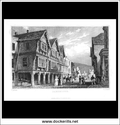 Dartmouth,  Devonshire, England. Antique Print, Steel Engraving 1830.