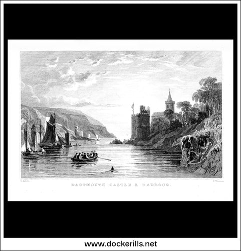 Dartmouth Castle & Harbour, Devonshire, England. Antique Print, Steel Engraving c. 1830.