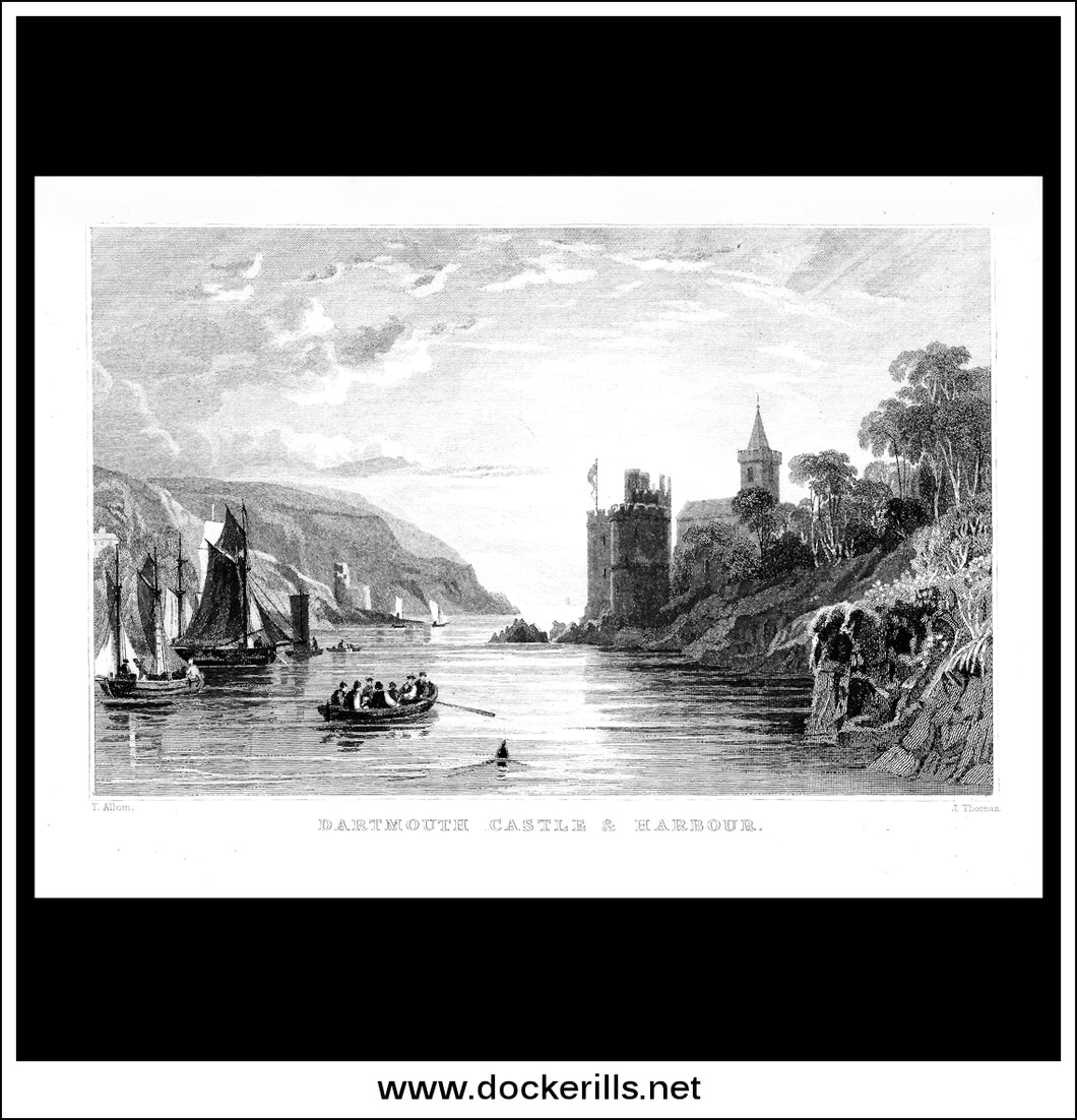 Dartmouth Castle & Harbour, Devonshire, England. Antique Print, Steel Engraving c. 1830.