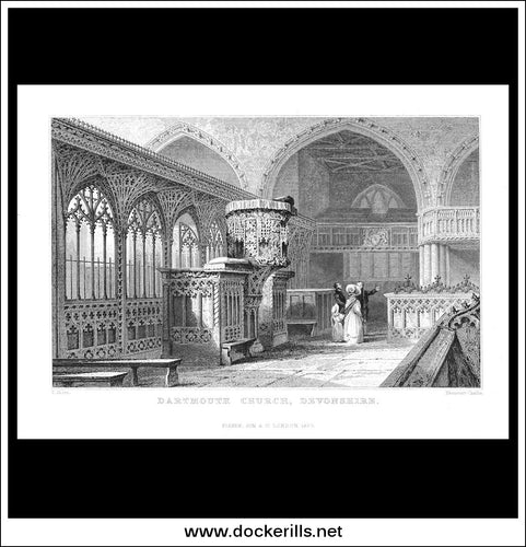 Dartmouth Church,  Devonshire, England. Antique Print, Steel Engraving 1832.