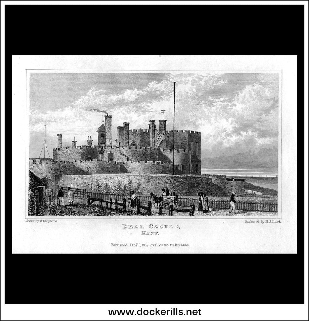 Deal Castle, Kent, England. Antique Print, Steel Engraving 1832.
