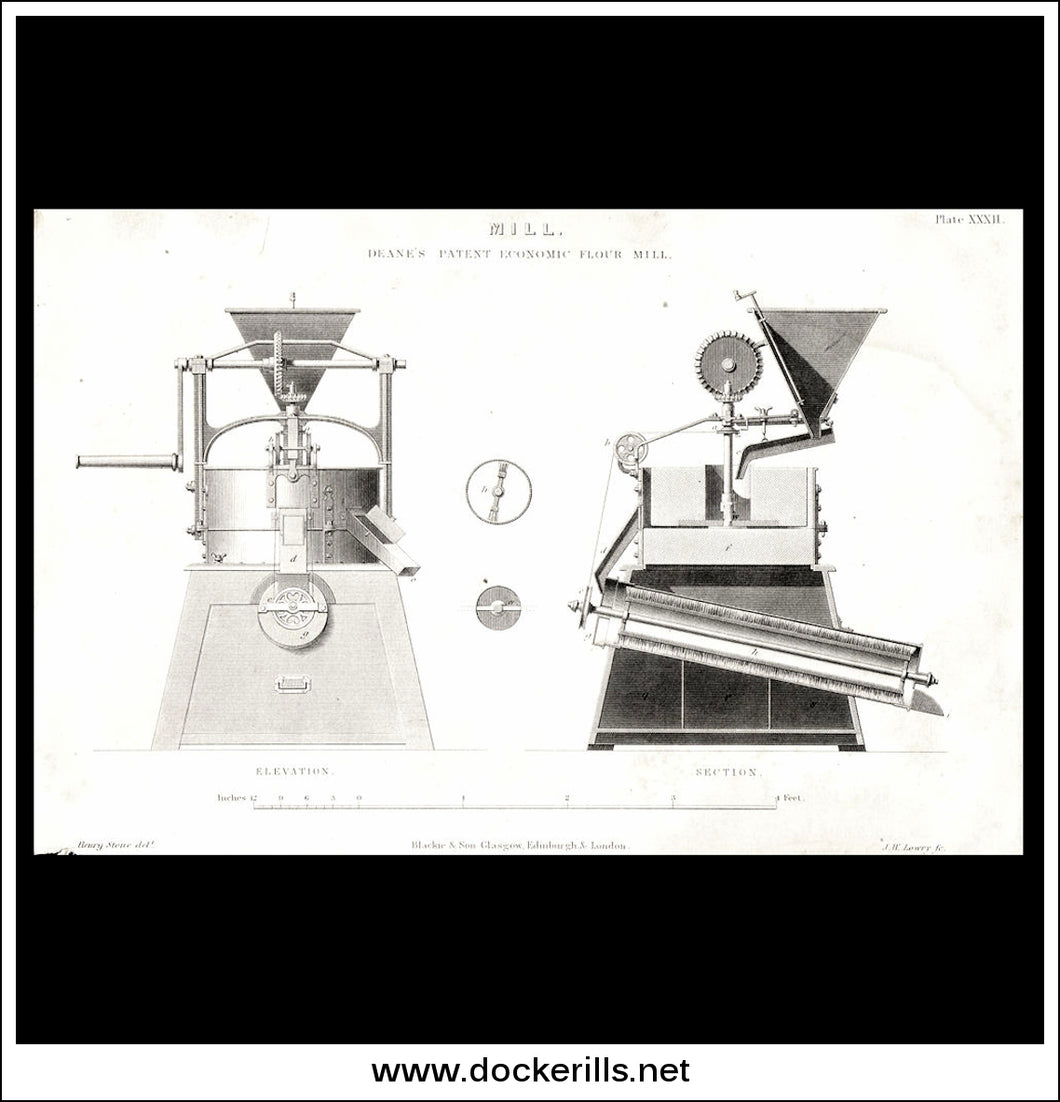 Mill. Deane's Patent Economic Flour Mill. Antique Print, Lithograph c. 1880.