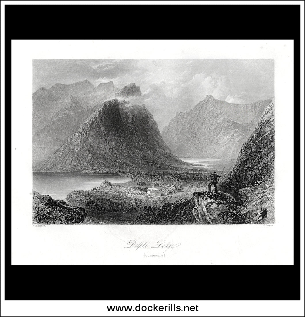 Delphi Lodge - Connemara, Co. Galway, Ireland. Antique Print, Steel Engraving c. 1840.
