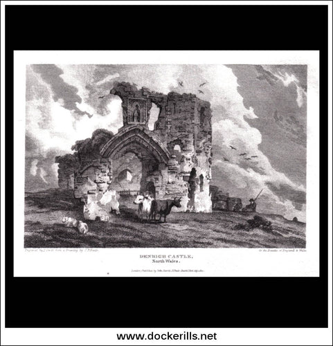 Denbigh Castle, Denbighshire, Wales. Antique Print, Copper Plate Engraving 1814.