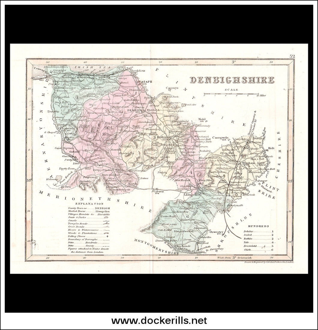 Map Of Denbighshire, Wales. Antique Print, Steel Engraving c. 1846.