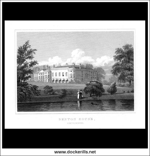 Denton House, Lincolnshire, England. Antique Print, Steel Engraving c. 1830.