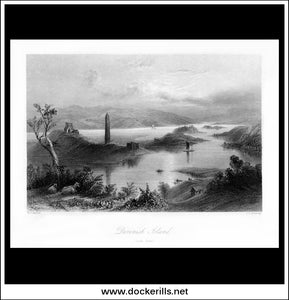 Devenish Island, Co. Fermanagh, Northern Ireland. Antique Print, Steel Engraving c. 1840.