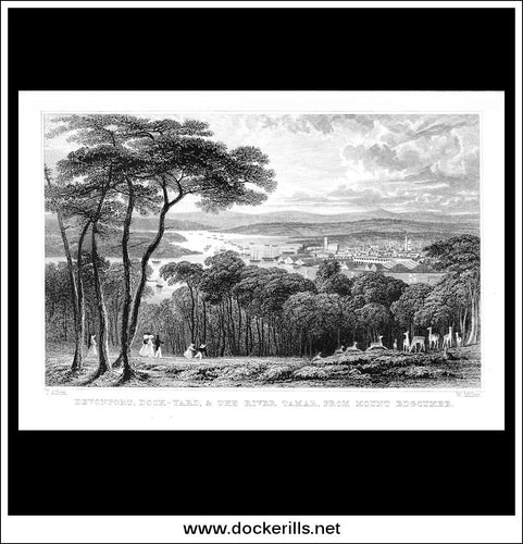 Devonport Dockyard & The River Tamar From Mount Edgecombe,  Devonshire, England. Antique Print, Steel Engraving c. 1830.