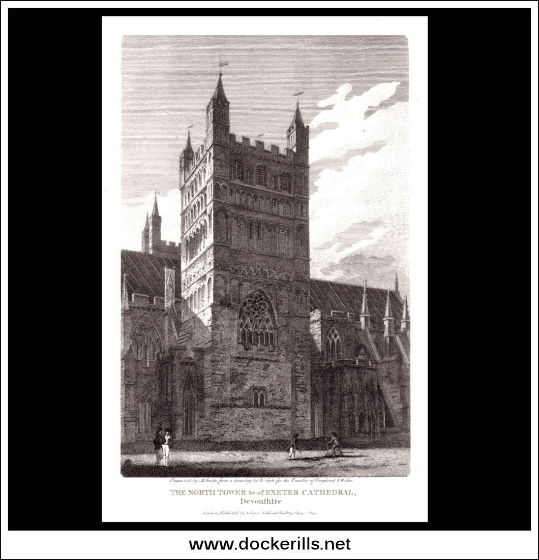 North Tower Of Exeter Cathedral Devonshire England antique print