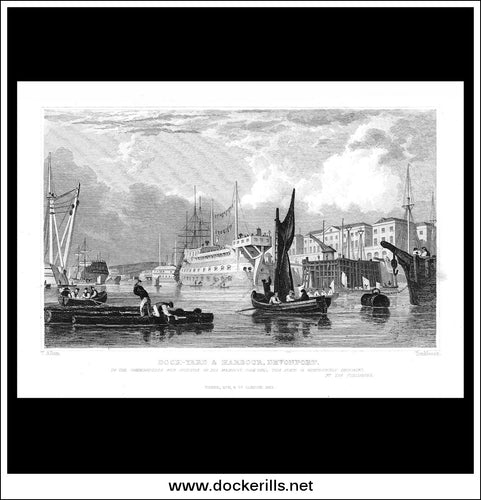 Dock-Yard & Harbour, Devonport, Devonshire, England. Antique Print, Steel Engraving 1832.
