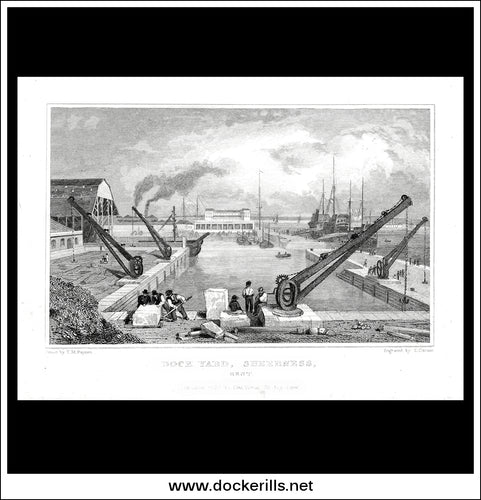 Dock Yard, Sheerness, Kent, England. Antique Print, Steel Engraving 1830.