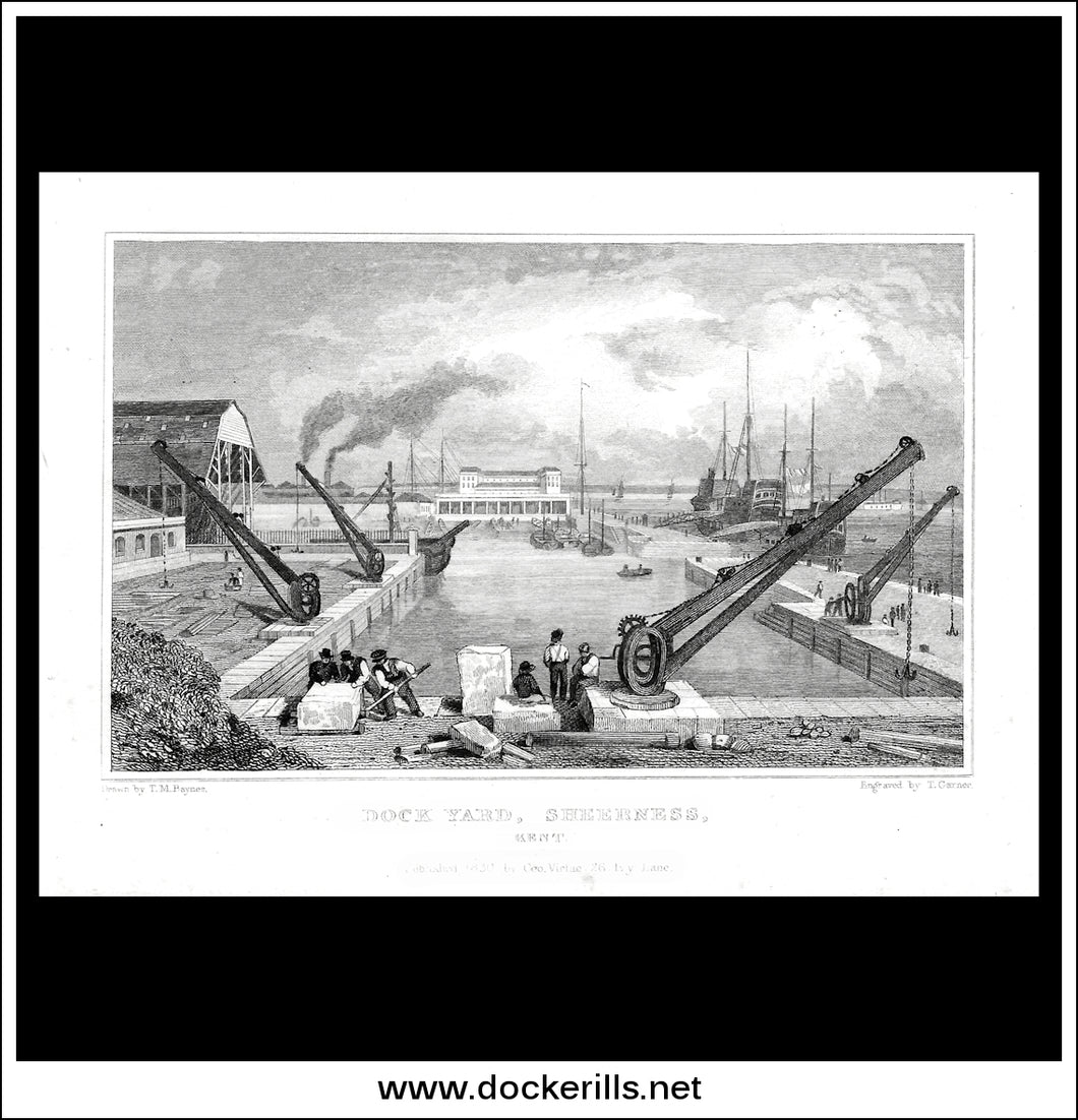 Dock Yard, Sheerness, Kent, England. Antique Print, Steel Engraving 1830.