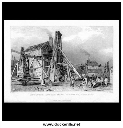 Dolcoath Copper Mine, Cambourne, Cornwall, England. Antique Print, Steel Engraving 1831.