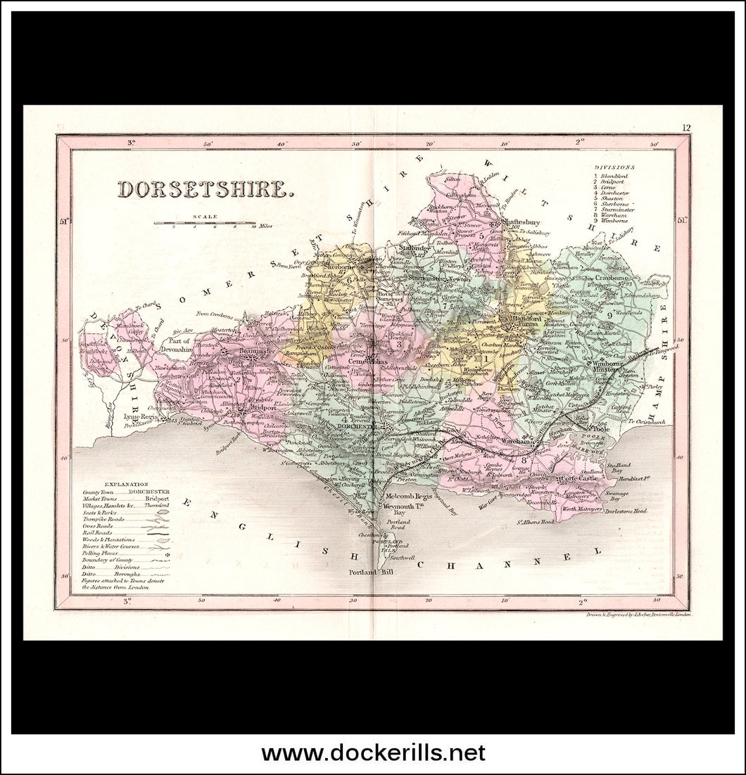 Map Of Dorsetshire / Dorset, England. Antique Print, Steel Engraving c. 1846.