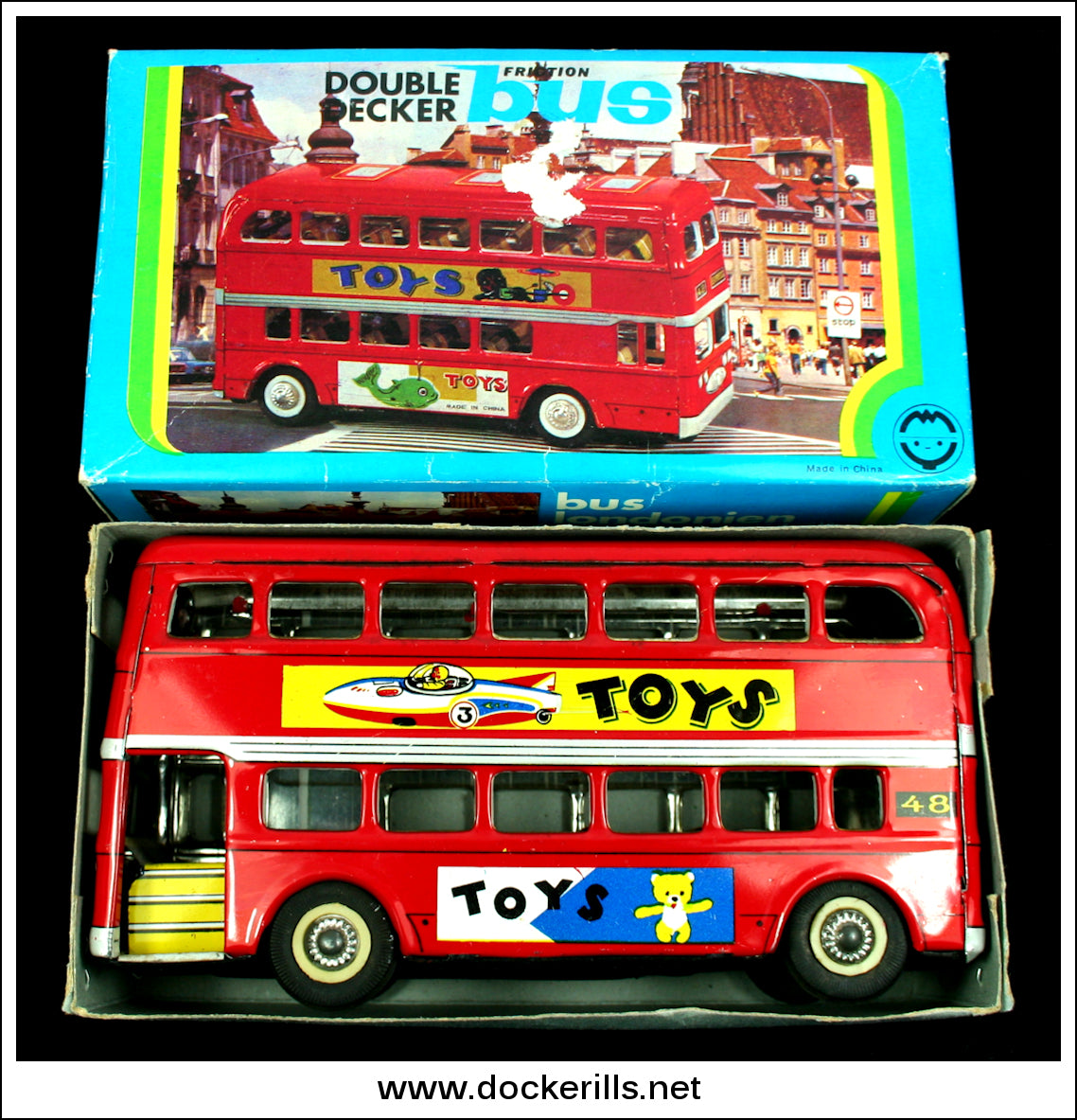 Double Decker London Bus MF 844. Vintage Tin Plate Toy, China