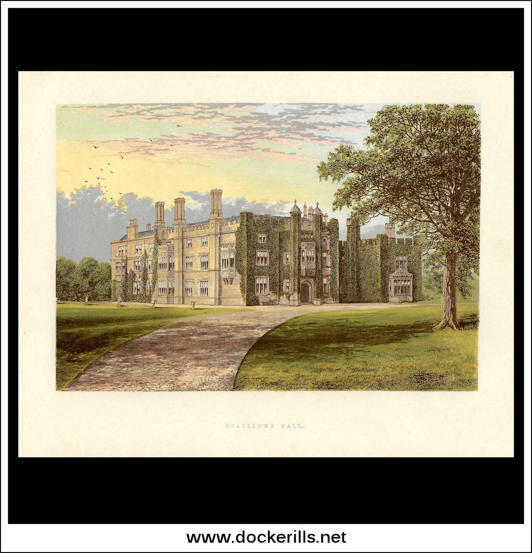 Drakelowe Hall, Nr Burton On Trent, Derbyshire, England. Antique Print, Chromoxylograph 1880.