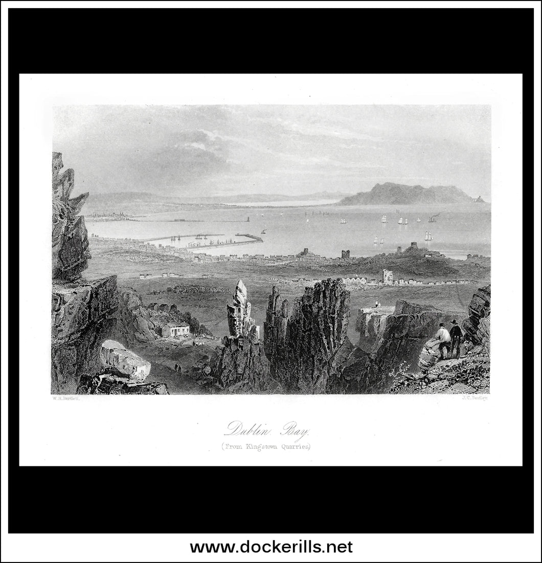 Dublin Bay (From Kingstown Quarries), Co. Dublin, Ireland. Antique Print, Steel Engraving c. 1840.