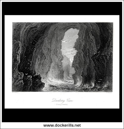 Dunkerry Cave, Co. Antrim, Northern Ireland. Antique Print, Steel Engraving c. 1840.