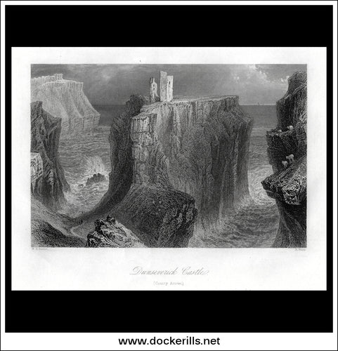 Dunseverick Castle, Co. Antrim, Northern Ireland. Antique Print, Steel Engraving c. 1840.