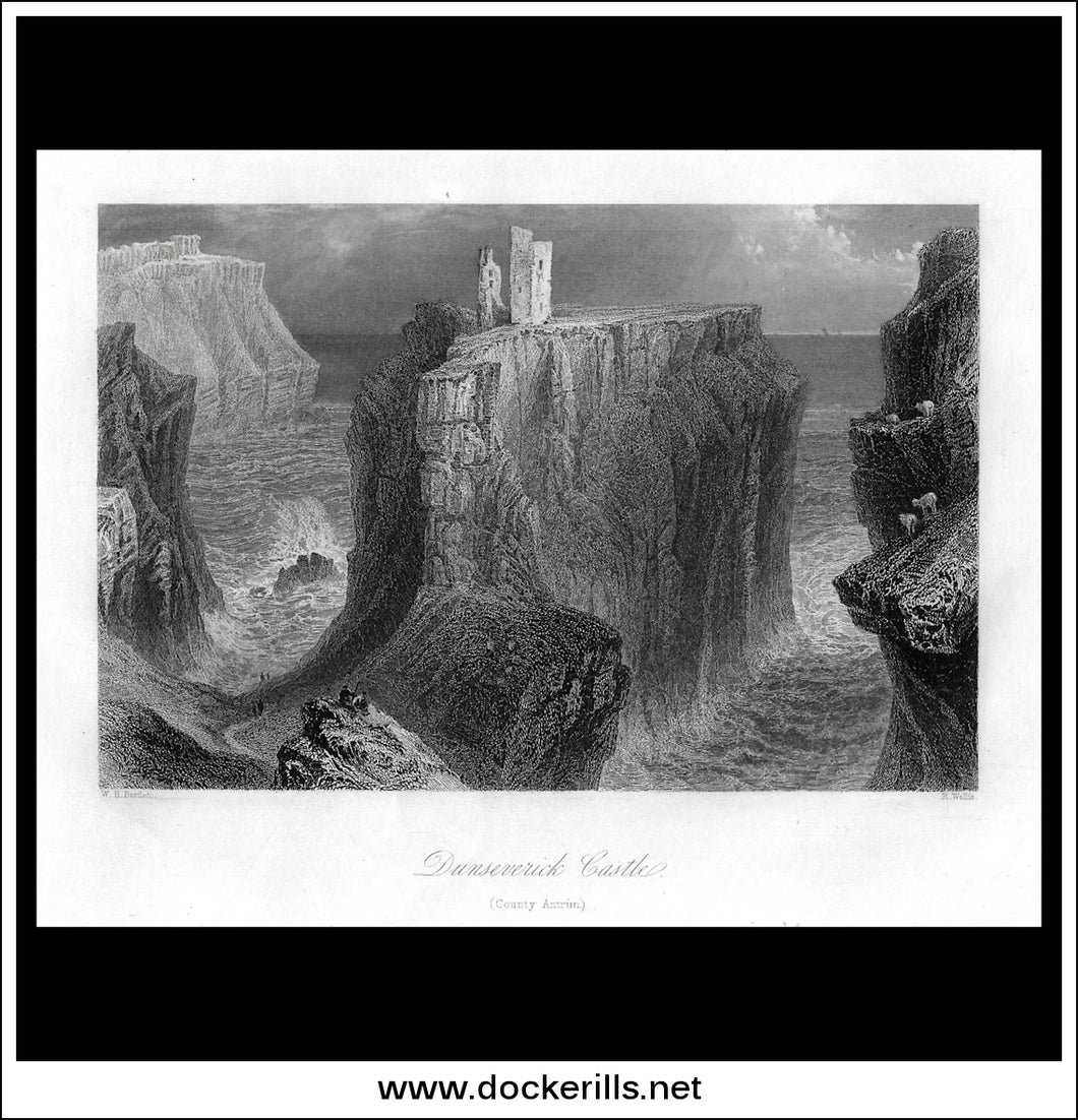 Dunseverick Castle, Co. Antrim, Northern Ireland. Antique Print, Steel Engraving c. 1840.