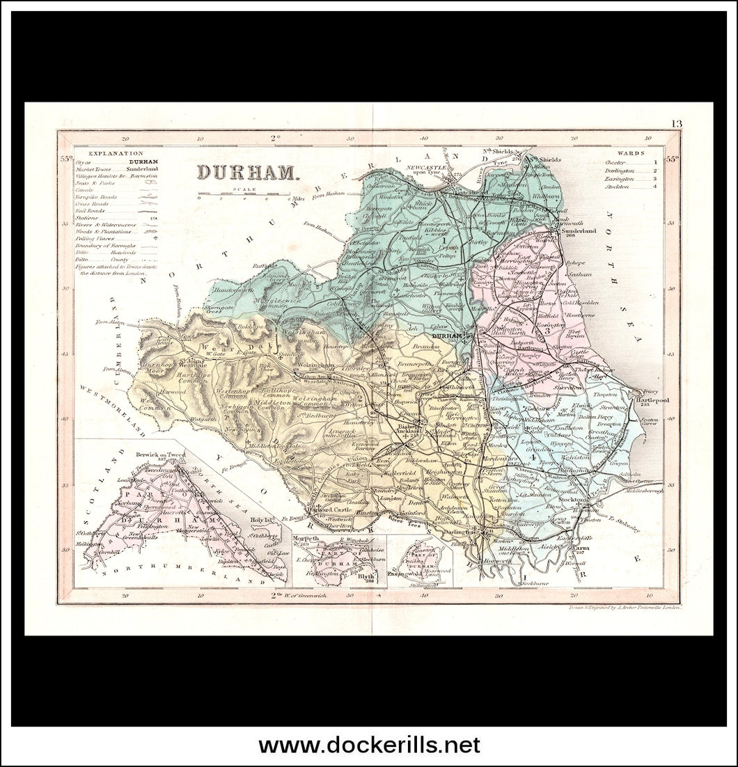 Map Of Durham, England. Antique Print, Steel Engraving c. 1846.