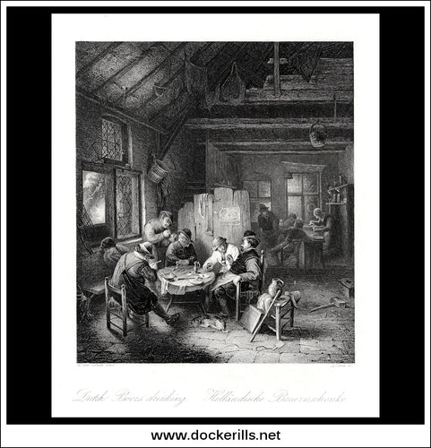 Dutch Boors Drinking, A. Van Ostade, Antique Print, Steel Engraving c. 1845.