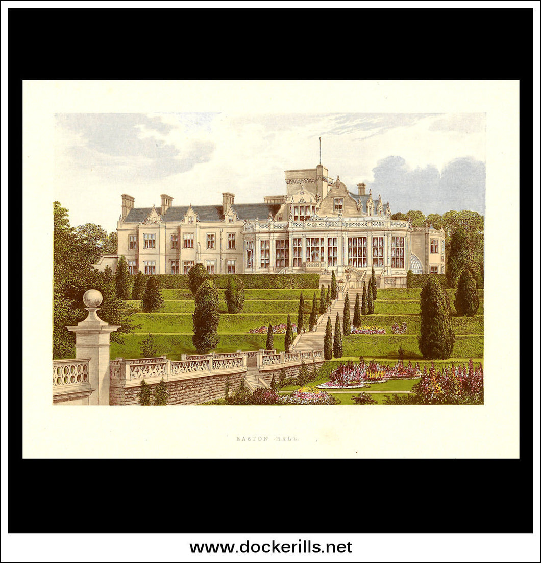 Easton Hall, Near Grantham, Lincolnshire, England. Antique Print, Chromoxylograph 1880.