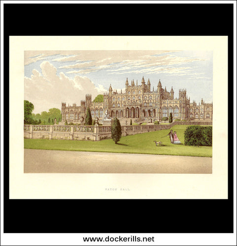 Eaton Hall, Near Chester, Cheshire, England. Antique Print, Chromoxylograph 1880.