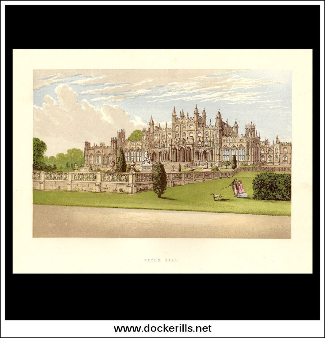 Eaton Hall, Near Chester, Cheshire, England. Antique Print, Chromoxylograph 1880.