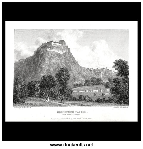 Edinburgh Castle, From Princes Street, Edinburghshire, Scotland. Antique Print, Steel Engraving 1830.