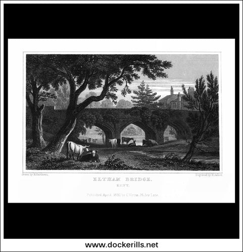 Eltham Bridge, Kent, England. Antique Print, Steel Engraving 1832.