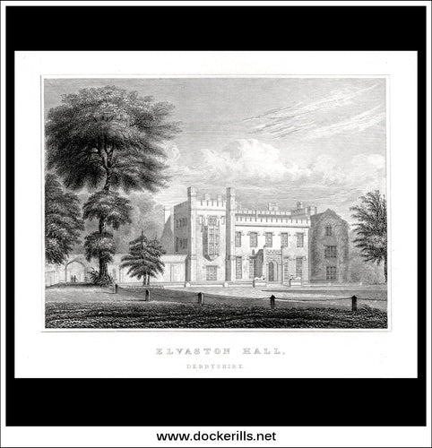 Elvaston Hall, Derbyshire, England. Antique Print, Steel Engraving c. 1830.