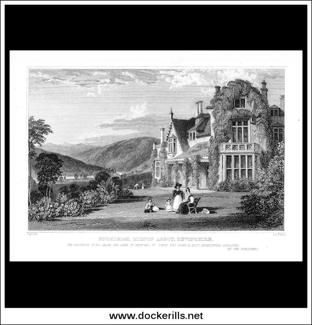 Endsleigh, Milton Abbot, Devonshire, England. Antique Print, Steel Engraving c. 1830.