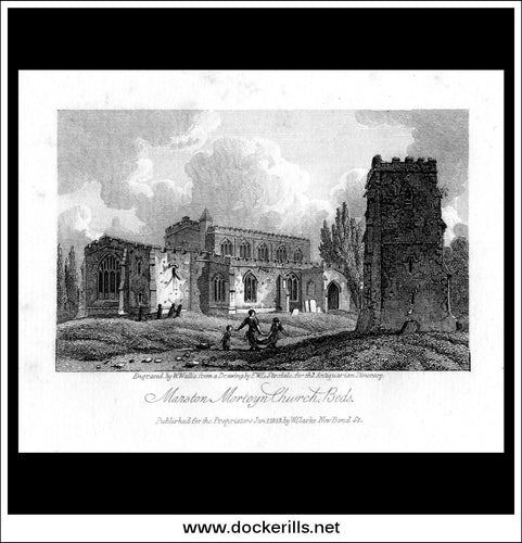 Marston Morteyn Church, Bedfordshire, England. Antique Print, Copper Plate Engraving 1818.